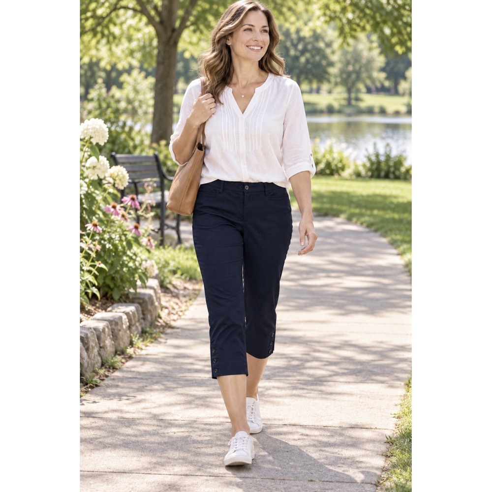 Talbots Skimmer Pants Womens 6  Navy Blue Cropped Cotton Blend Button Hem